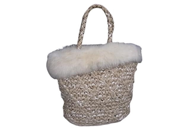 ANTEPRIMA MIST アンテプリマ ミスト ハンドバッグ ベージュ系×アイボリー系 ラビットファー×コットン×ストロー レディース 美品