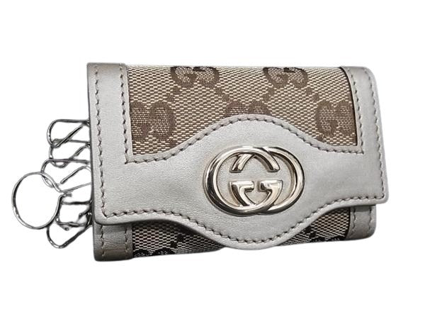 GUCCI グッチ キーケース インターロッキングG 282432 ベージュ ゴールド系 GGキャンバス×レザー ユニセックス 6連 ゴールド金具 美品