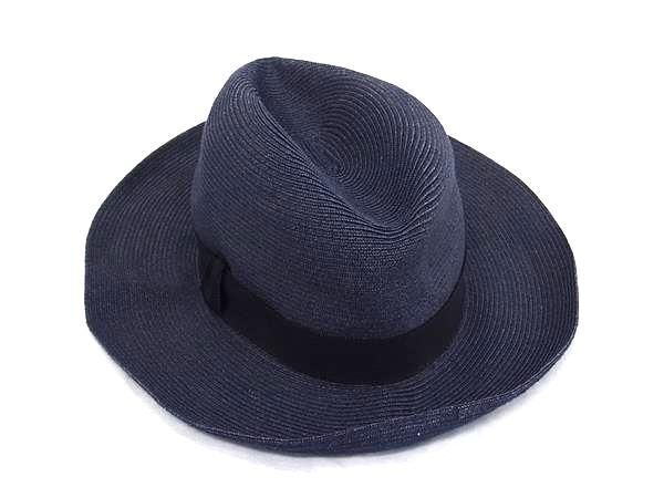 HERMES エルメス 帽子 ネイビー×ブラック ペーパー100％ ユニセックス 中折れハット 美品