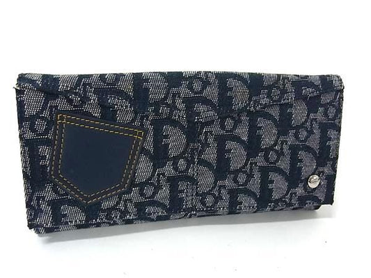 ChristianDior クリスチャンディオール 財布 トロッター ブルー キャンバス レディース ニつ折り長財布 シルバー金具 美品