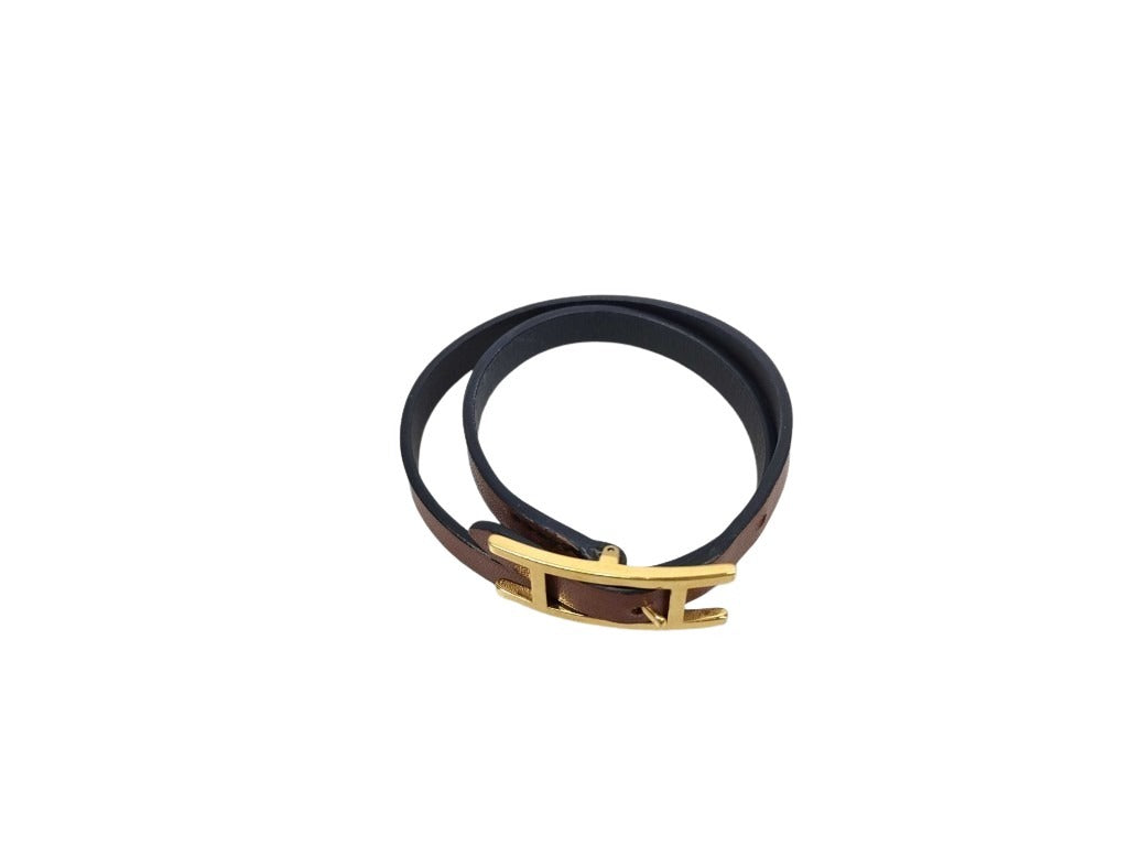 HERMES エルメス ブレスレット ビーアピ ブラウン レザー レディース ドゥブルトゥール ゴールド金具