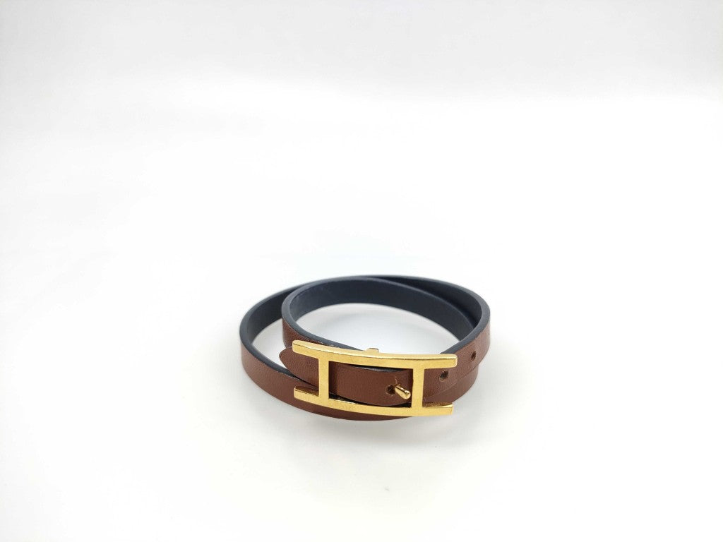 HERMES エルメス ブレスレット ビーアピ ブラウン レザー レディース ドゥブルトゥール ゴールド金具