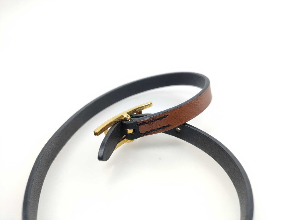HERMES エルメス ブレスレット ビーアピ ブラウン レザー レディース ドゥブルトゥール ゴールド金具