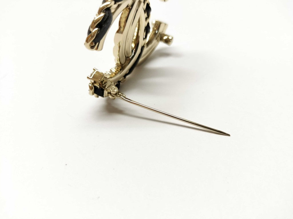 CHANEL シャネル ブローチ ココマーク ゴールド ブラック メタル レザー フェイクパール ラインストーン レディース 超美品