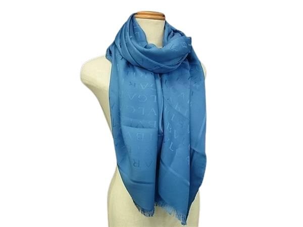 BVLGARI ブルガリ ストール ロゴマニア ブルー シルク60％×ウール40％ レディース フリンジ 美品