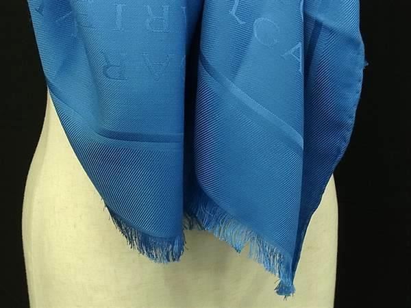 BVLGARI ブルガリ ストール ロゴマニア ブルー シルク60％×ウール40％ レディース フリンジ 美品