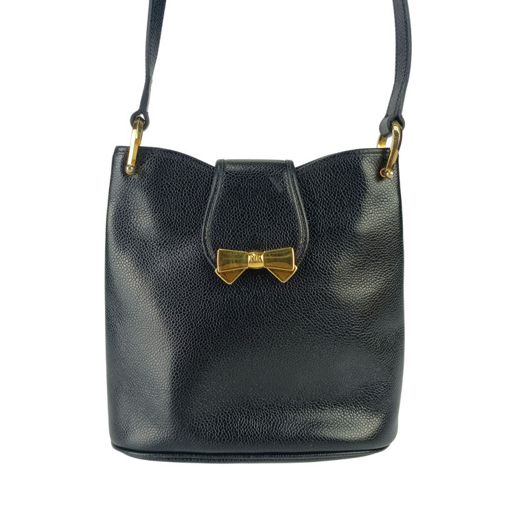 NINA RICCI ニナリッチ ショルダーバッグ リボン ポシェット ブラック レザー レディース ヴィンテージ ゴールド金具