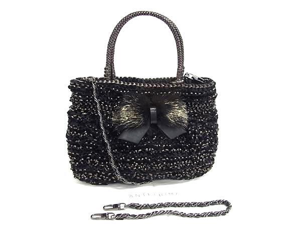 ANTEPRIMA アンテプリマ ハンドバッグ ワイヤーバッグ ブラック PVCワイヤー ベロア ファー レディース チェーン リボン 4WAY シルバー金具 超美品