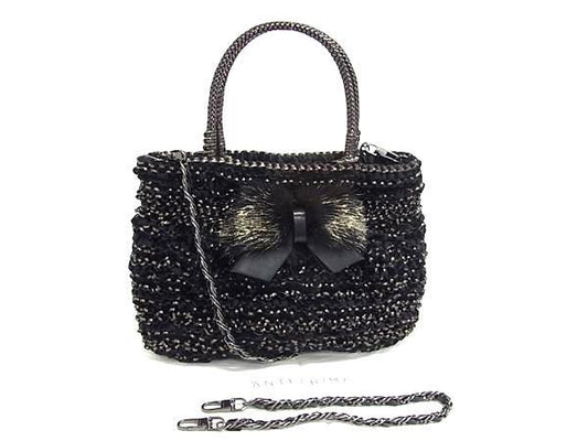 ANTEPRIMA アンテプリマ ハンドバッグ ワイヤーバッグ ブラック PVCワイヤー ベロア ファー レディース チェーン リボン 4WAY シルバー金具 超美品