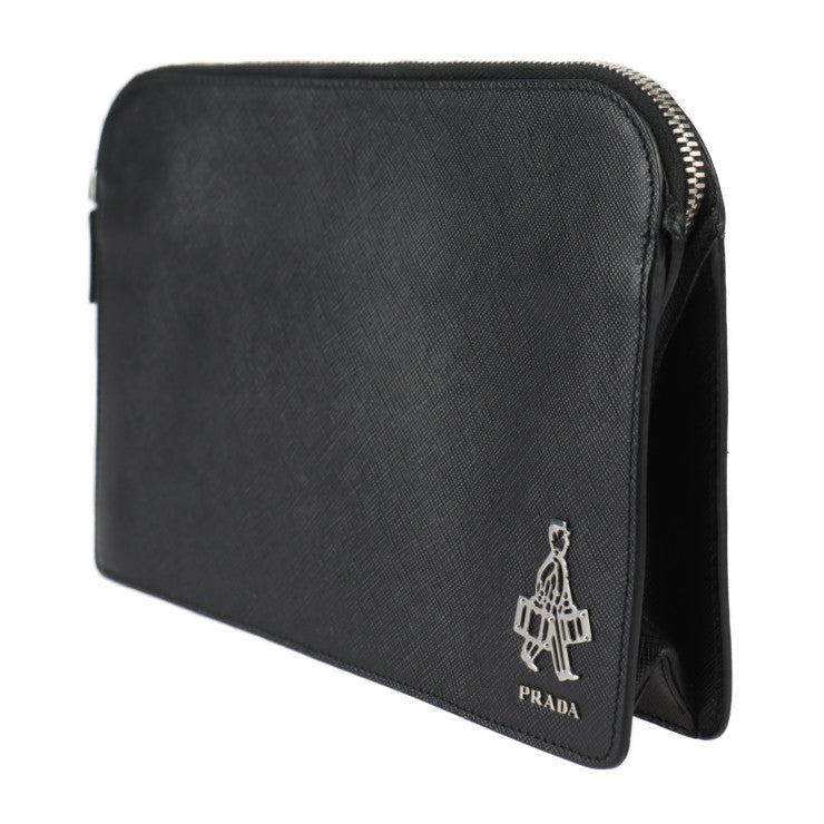 美品 PRADA プラダ トラベル ポーチ セカンドバッグ 2VF056 サフィアーノレザー ブラック シルバー金具 クラッチバッグ