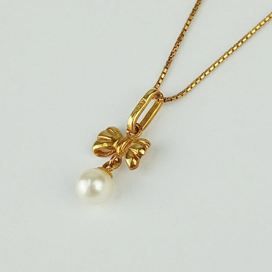 4℃ ヨンドシー ネックレス リボンモチーフ イエローゴールド K18YG パール レディース ペンダント 2.2ｇ