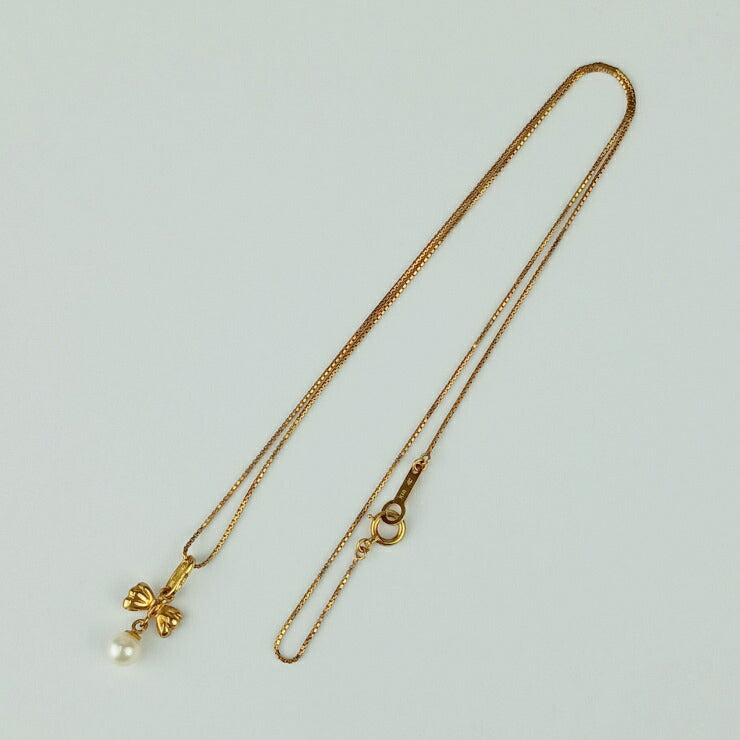 4℃ ヨンドシー ネックレス リボンモチーフ イエローゴールド K18YG パール レディース ペンダント 2.2ｇ