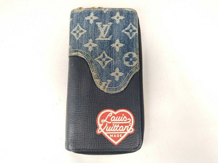 LOUIS VUITTON ルイ ヴィトン 長財布 NIGOコラボ ジッピーウォレット・ヴェルティカル M81107 ブルー系 ネイビー系 ゴールド金具 モノグラム・デニム トリヨンレザー メンズ ラウンドファスナー 日本限定販売品