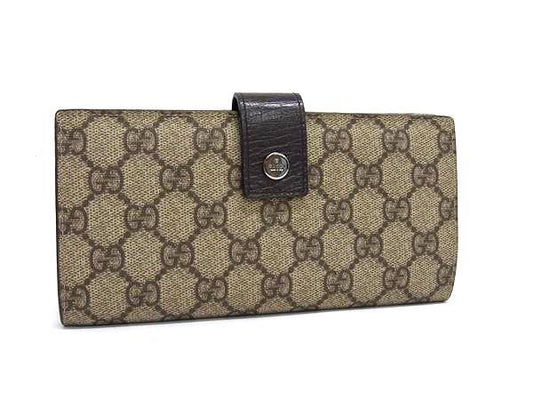 GUCCI グッチ 財布 GGスプリーム 115046 ベージュ ブラウン PVC レザー レディース Wホック 二つ折り 長財布 シルバー金具 美品
