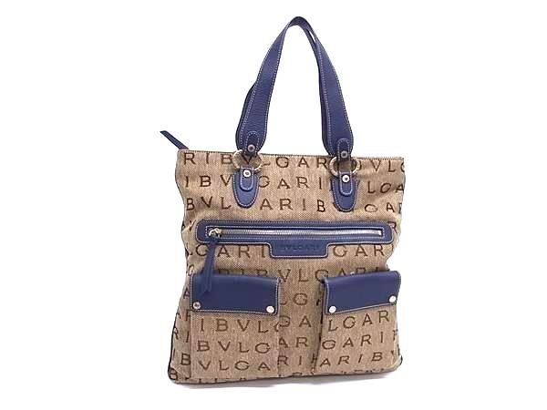BVLGARI ブルガリ ショルダーバッグ ロゴマニア マキシレッタレ ベージュ ブルー キャンバス レザー レディース ゴールド金具 美品