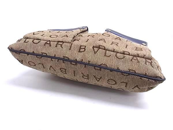 BVLGARI ブルガリ ショルダーバッグ ロゴマニア マキシレッタレ ベージュ ブルー キャンバス レザー レディース ゴールド金具 美品