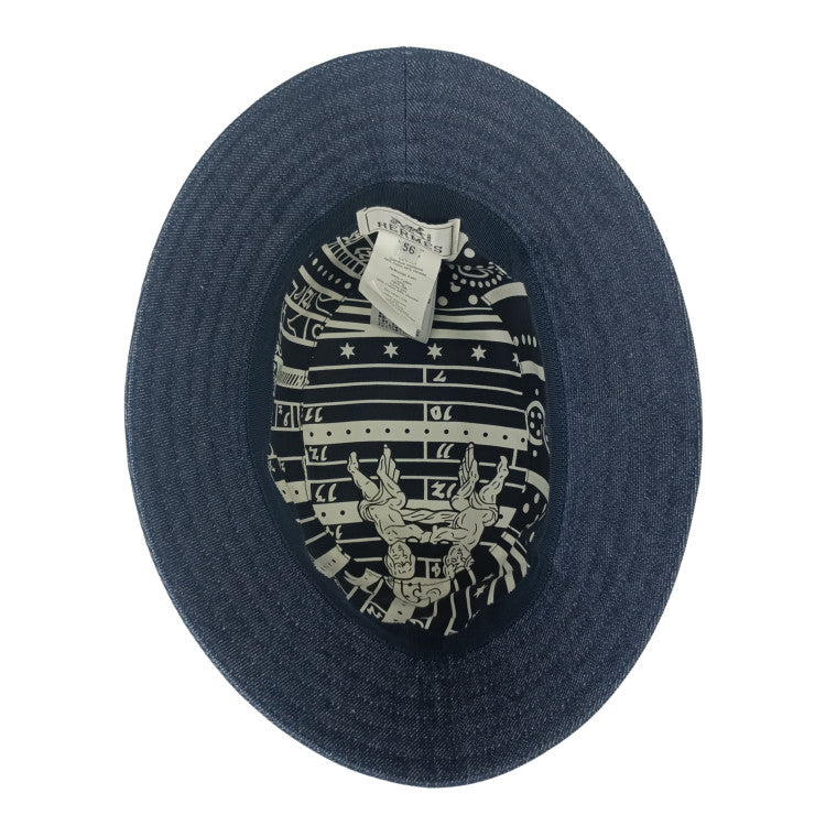 HERMES エルメス 帽子 ハット ≪ヘレン≫ シルキー H232029N インディゴ コットン100% ユニセックス バケットハット シルバー金具 超美品