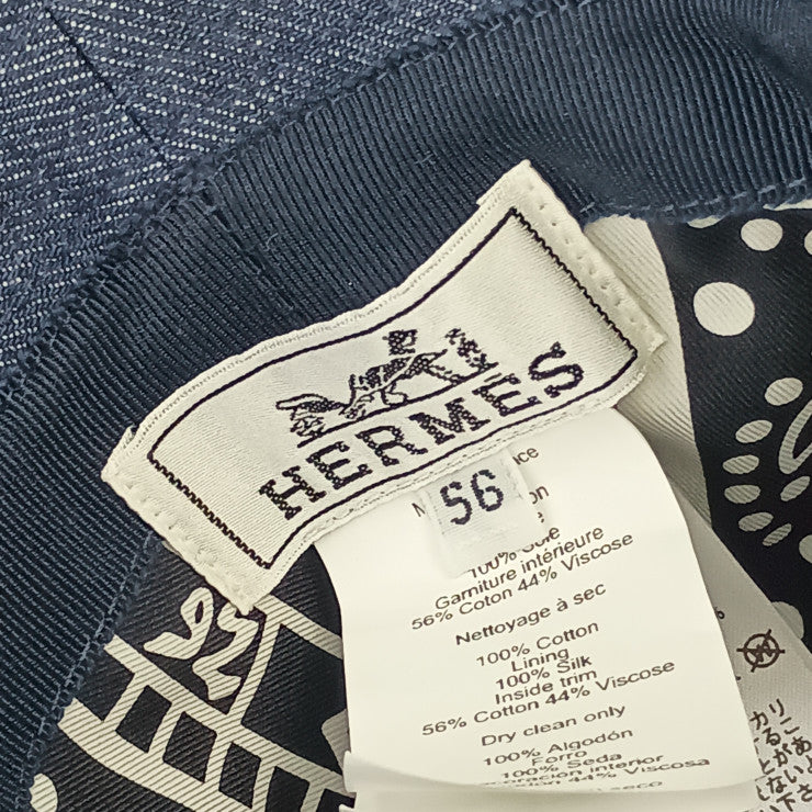 HERMES エルメス 帽子 ハット ≪ヘレン≫ シルキー H232029N インディゴ コットン100% ユニセックス バケットハット シルバー金具 超美品