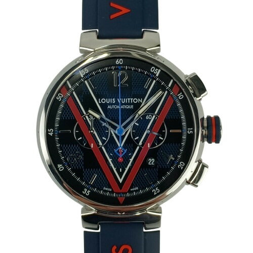 美品 LOUIS VUITTON ルイヴィトン 腕時計 タンブールダミエコバルトVクロノグラフ QA163 ブルー文字盤 SS ラバー メンズ