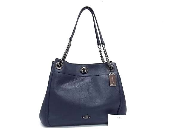 COACH コーチ トートバッグ 36855 ネイビー レザー レディース ターンロック チェーン 美品