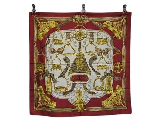 HERMES エルメス スカーフ カレ90 ETRIERS 鎧 ホワイト系×ボルドー系 シルク100% レディース 大判 美品