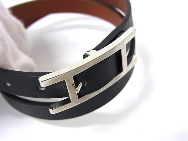 HERMES エルメス ブレスレット ビーアピ ブラック ブラウン レザー レディース ドゥブルトゥール 2連 リバーシブル シルバー金具 美品
