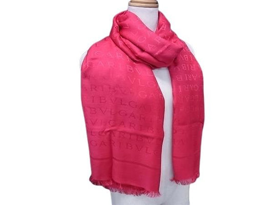 BVLGARI ブルガリ ストール ロゴマニア ピンク系 シルク60％ ウール40％ レディース フリンジ 超美品