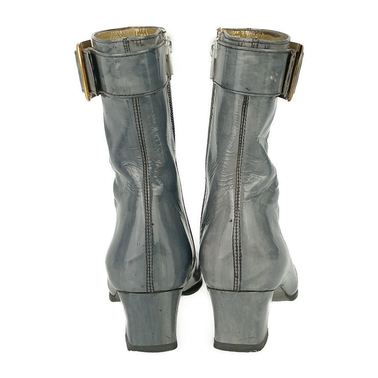 YVES SAINT LAURENT イヴ サンローラン ブーツ ジップアップ ショートブーツ SO HH 02 36 グレー ゴールド金具 パテントレザー レディース ＃36 参考サイズ約23cm