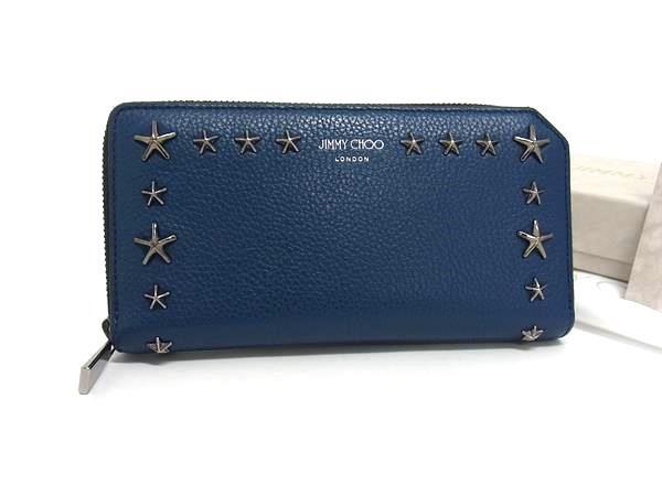 超美品 JIMMY CHOO ジミーチュウ 長財布 カーナビー - ブルー系 レザー ユニセックス スタースタッズ ラウンドファスナー