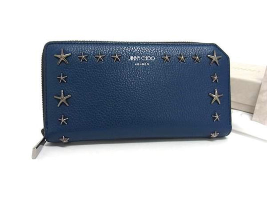 超美品 JIMMY CHOO ジミーチュウ 長財布 カーナビー - ブルー系 レザー ユニセックス スタースタッズ ラウンドファスナー