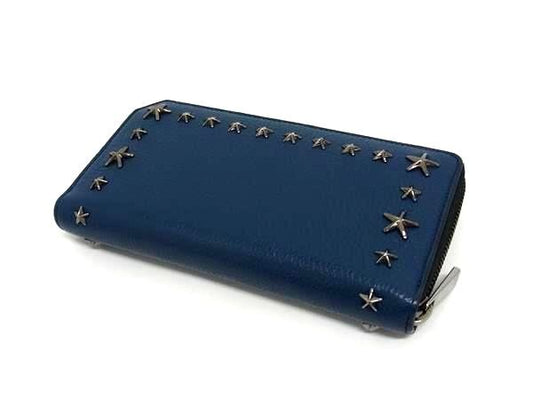 超美品 JIMMY CHOO ジミーチュウ 長財布 カーナビー - ブルー系 レザー ユニセックス スタースタッズ ラウンドファスナー