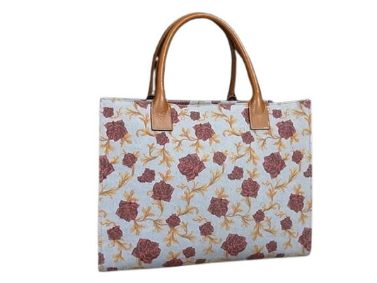 VERSACE ヴェルサーチェ ハンドバッグ - - ライトブルー系×ブラウン系 キャンバス×レザー レディース バラ フラワー