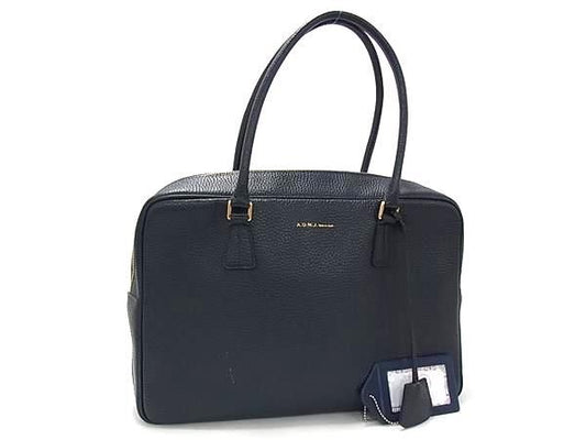 美品 ADMJ エーディーエムジェイ ハンドバッグ ボストンバッグ - ネイビー系 レザー レディース ゴールド金具
