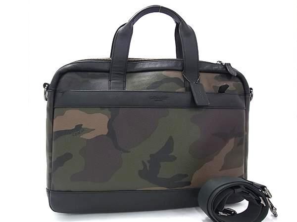 COACH コーチ ビジネスバッグ 2WAY ブリーフケース F59896 カーキ系×ブラック系 レザー メンズ 迷彩柄 カモフラ ショルダーバッグ シルバー金具 美品