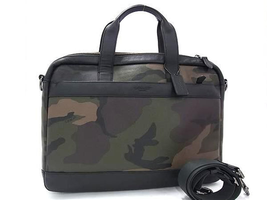 COACH コーチ ビジネスバッグ 2WAY ブリーフケース F59896 カーキ系×ブラック系 レザー メンズ 迷彩柄 カモフラ ショルダーバッグ シルバー金具 美品