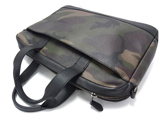 COACH コーチ ビジネスバッグ 2WAY ブリーフケース F59896 カーキ系×ブラック系 レザー メンズ 迷彩柄 カモフラ ショルダーバッグ シルバー金具 美品