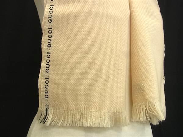 GUCCI グッチ マフラー ベージュ ブラック ウール100％ レディース ロゴ フリンジ 美品
