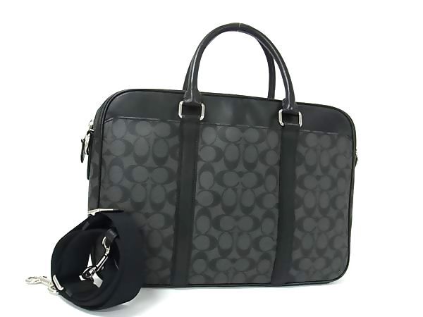 COACH コーチ ビジネスバッグ シグネチャー F54803 ブラック グレー PVC レザー メンズ 2WAY シルバー金具