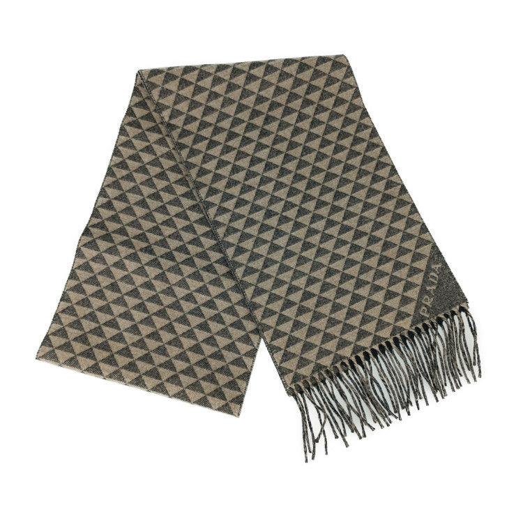新品未使用展示品 PRADA プラダ マフラー DOUBLE SYMBOLE ダブルシンボル スカーフ 2FS056 ANTRACITE グレー系 NOISETTE ベージュ系 ウール 90% カシミヤ 10% メンズ フリンジ