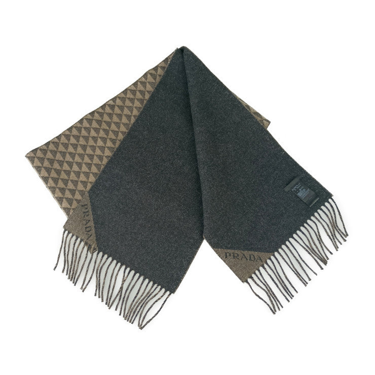 新品未使用展示品 PRADA プラダ マフラー DOUBLE SYMBOLE ダブルシンボル スカーフ 2FS056 ANTRACITE グレー系 NOISETTE ベージュ系 ウール 90% カシミヤ 10% メンズ フリンジ