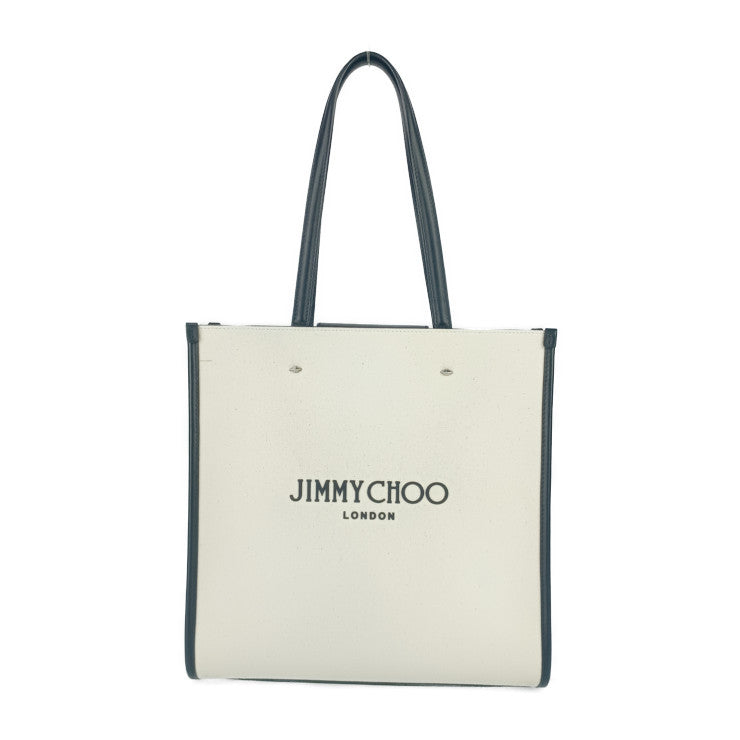 美品 JIMMY CHOO ジミーチュウ トートバッグ N/S トート M - ナチュラル ブラック キャンバス レザー レディース ショルダーバッグ