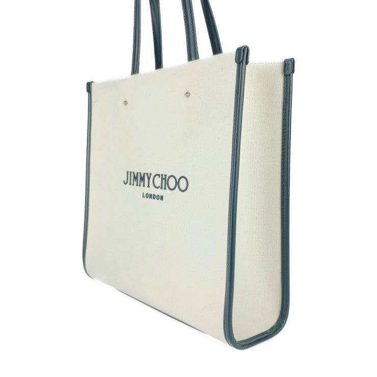 美品 JIMMY CHOO ジミーチュウ トートバッグ N/S トート M - ナチュラル ブラック キャンバス レザー レディース ショルダーバッグ
