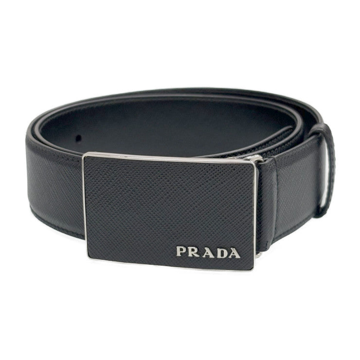美品 PRADA プラダ ベルト スクエアバックル 2CM188 ブラック シルバー金具 サフィアーノレザー メンズ