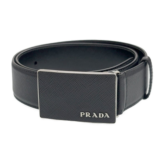 美品 PRADA プラダ ベルト スクエアバックル 2CM188 ブラック シルバー金具 サフィアーノレザー メンズ