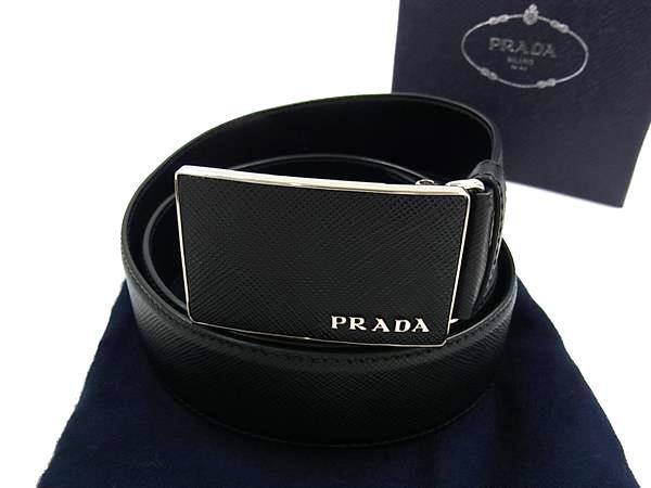 美品 PRADA プラダ ベルト スクエアバックル 2CM188 ブラック シルバー金具 サフィアーノレザー メンズ