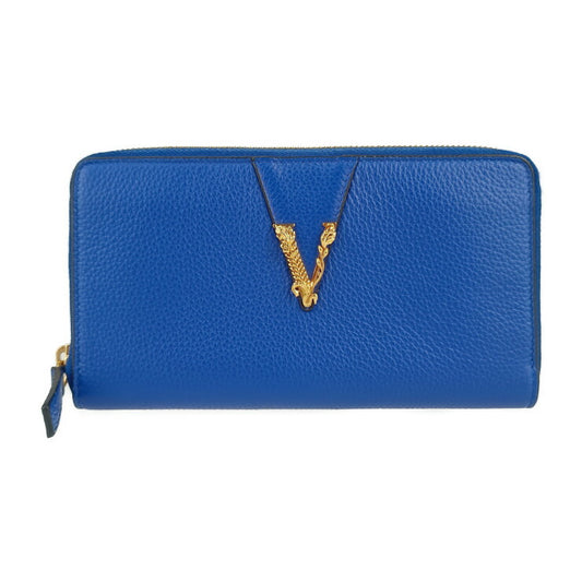 新品未使用展示品 VERSACE ヴェルサーチェ 財布 ヴィルトゥス ラウンドファスナー 長財布 1006263 ブルー ゴールド金具 レザー レディース ヴェルサーチ レターV