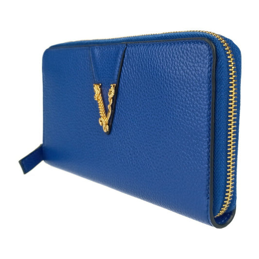 新品未使用展示品 VERSACE ヴェルサーチェ 財布 ヴィルトゥス ラウンドファスナー 長財布 1006263 ブルー ゴールド金具 レザー レディース ヴェルサーチ レターV