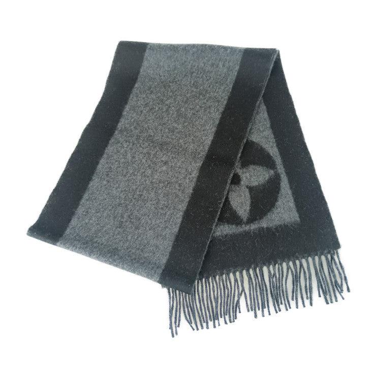 美品 LOUIS VUITTON ルイ ヴィトン マフラー エシャルプ・カーディフ M72202 ブラック グレー ウール75% アンゴラ25% メンズ ロゴ フリンジ