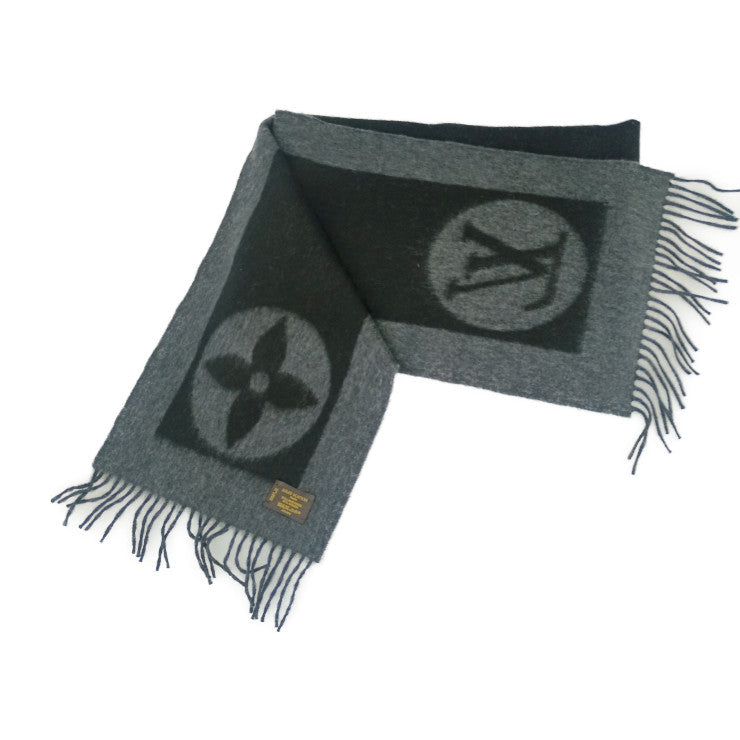 美品 LOUIS VUITTON ルイ ヴィトン マフラー エシャルプ・カーディフ M72202 ブラック グレー ウール75% アンゴラ25% メンズ ロゴ フリンジ