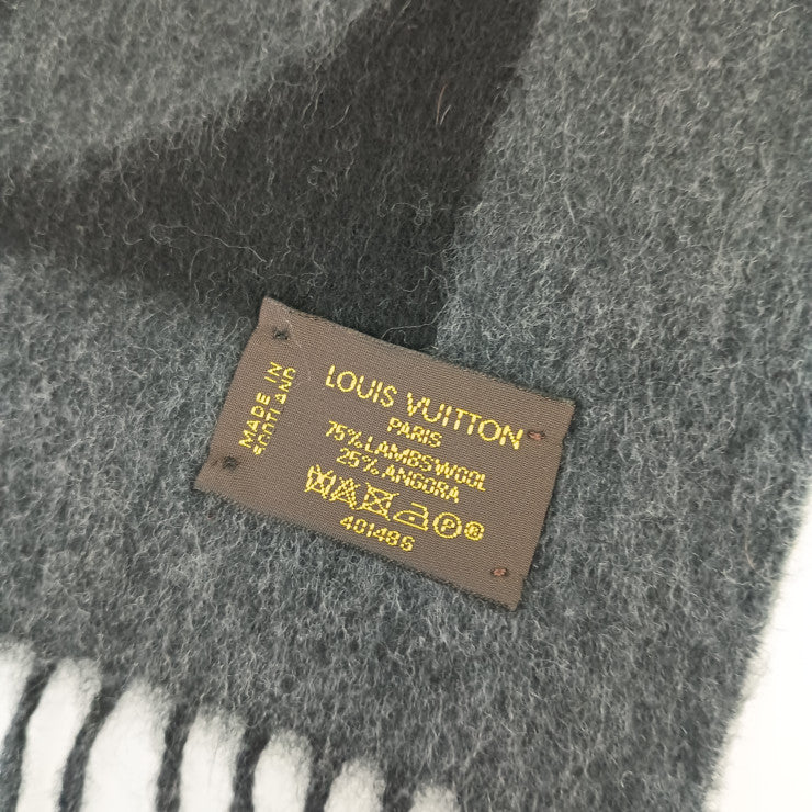 美品 LOUIS VUITTON ルイ ヴィトン マフラー エシャルプ・カーディフ M72202 ブラック グレー ウール75% アンゴラ25% メンズ ロゴ フリンジ